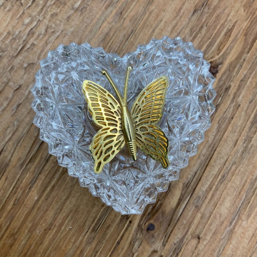 Lefton Vintage Butterfly Gold Tone Crystal Heart Trinket Box